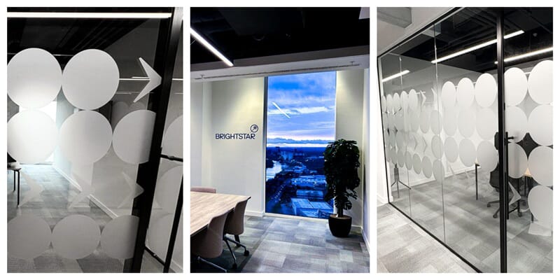A collage of the Brighstar office and its surrounding window graphics.